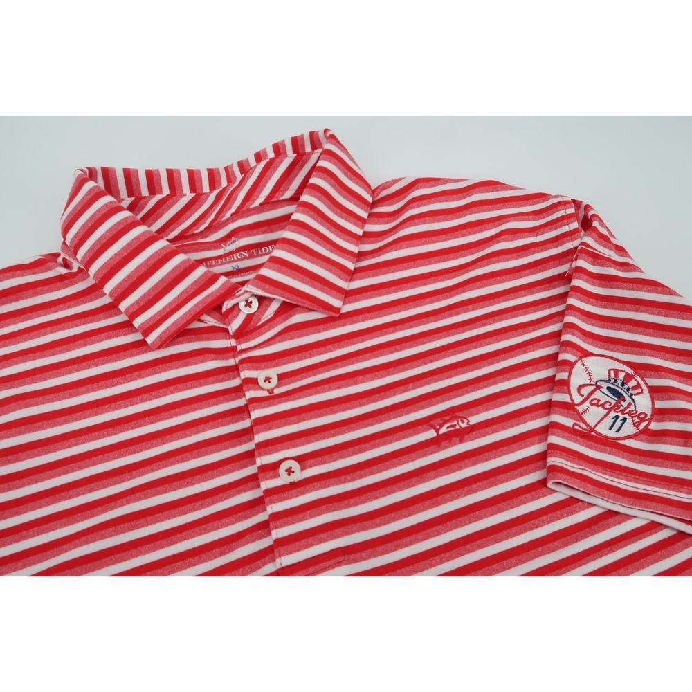 Southern Tide Mens XL New York Yankees Red Striped Performance Golf‎ Polo Shirt